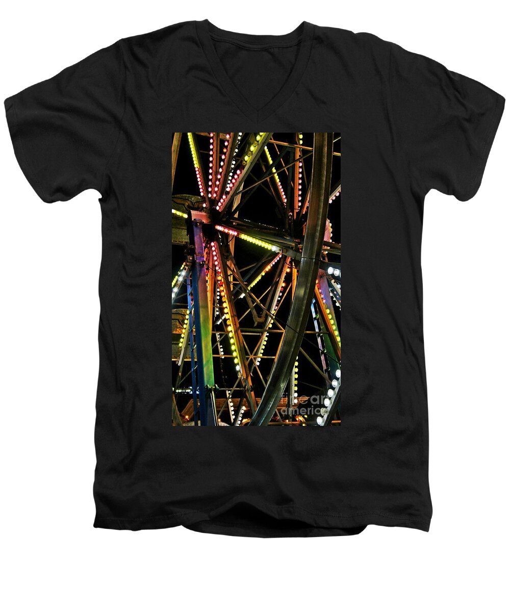 Ferris Wheel Men's V-Neck T-Shirt featuring the photograph Lit Ferris Wheel by Lilliana Mendez