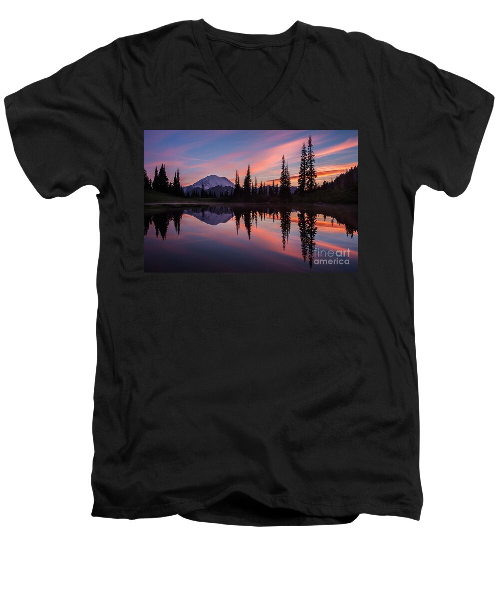 Mount Rainier Men's V-Neck T-Shirt featuring the photograph Fiery Rainier Sunset by Mike Reid