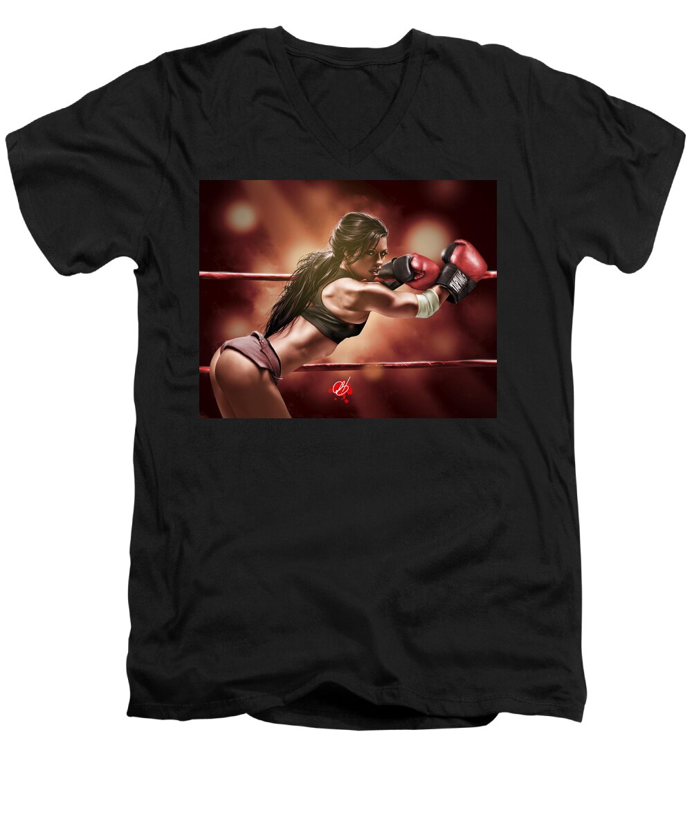 Boxing Men's V-Neck T-Shirt featuring the painting Fight Night by Pete Tapang