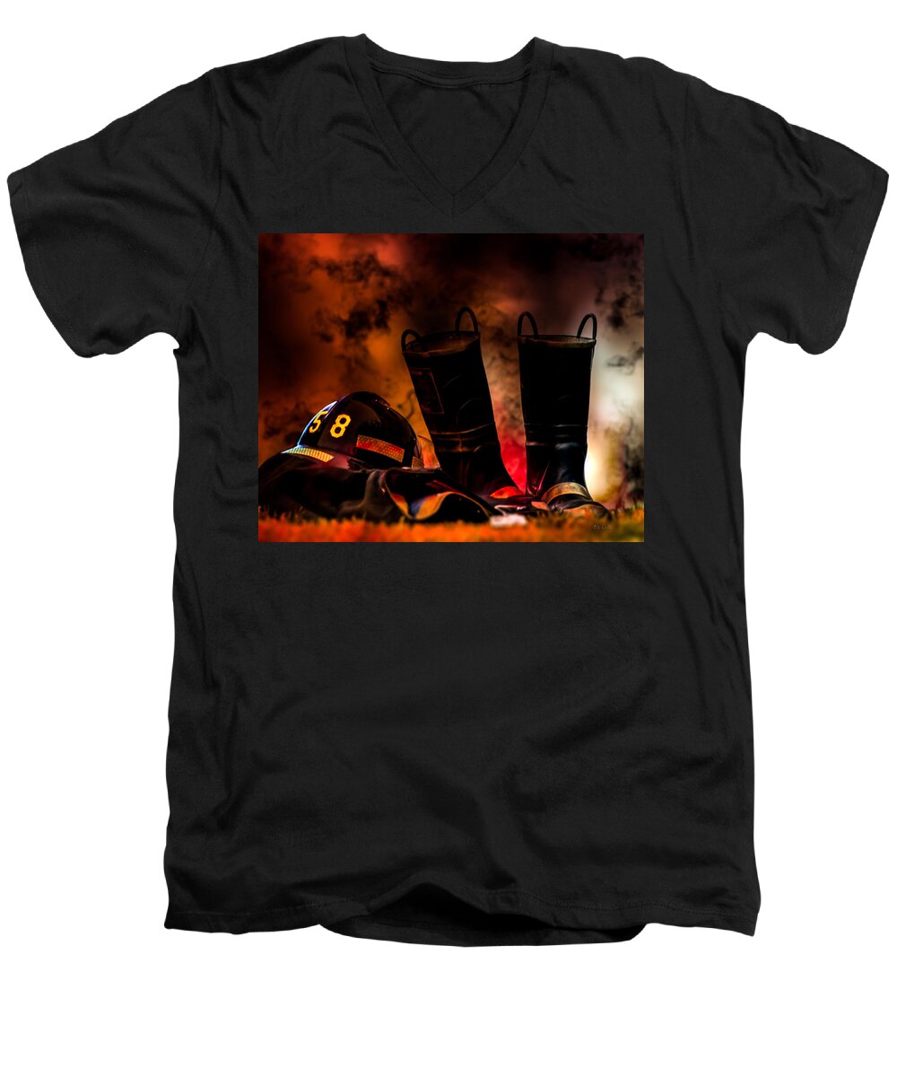 Courage Men's V-Neck T-Shirt featuring the photograph Firefighter by Bob Orsillo