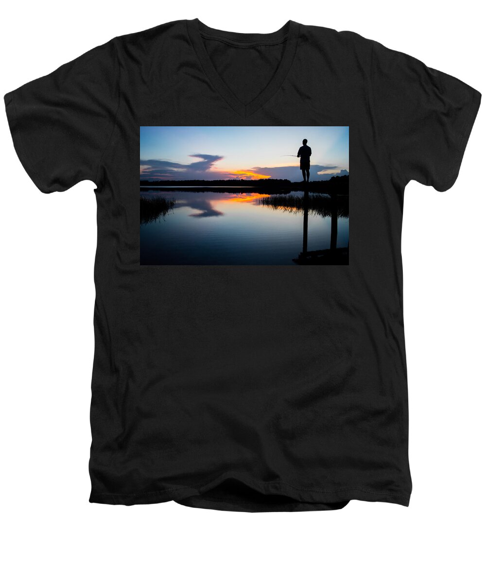 Unset Men's V-Neck T-Shirt featuring the photograph Fishing At Sunset by Parker Cunningham