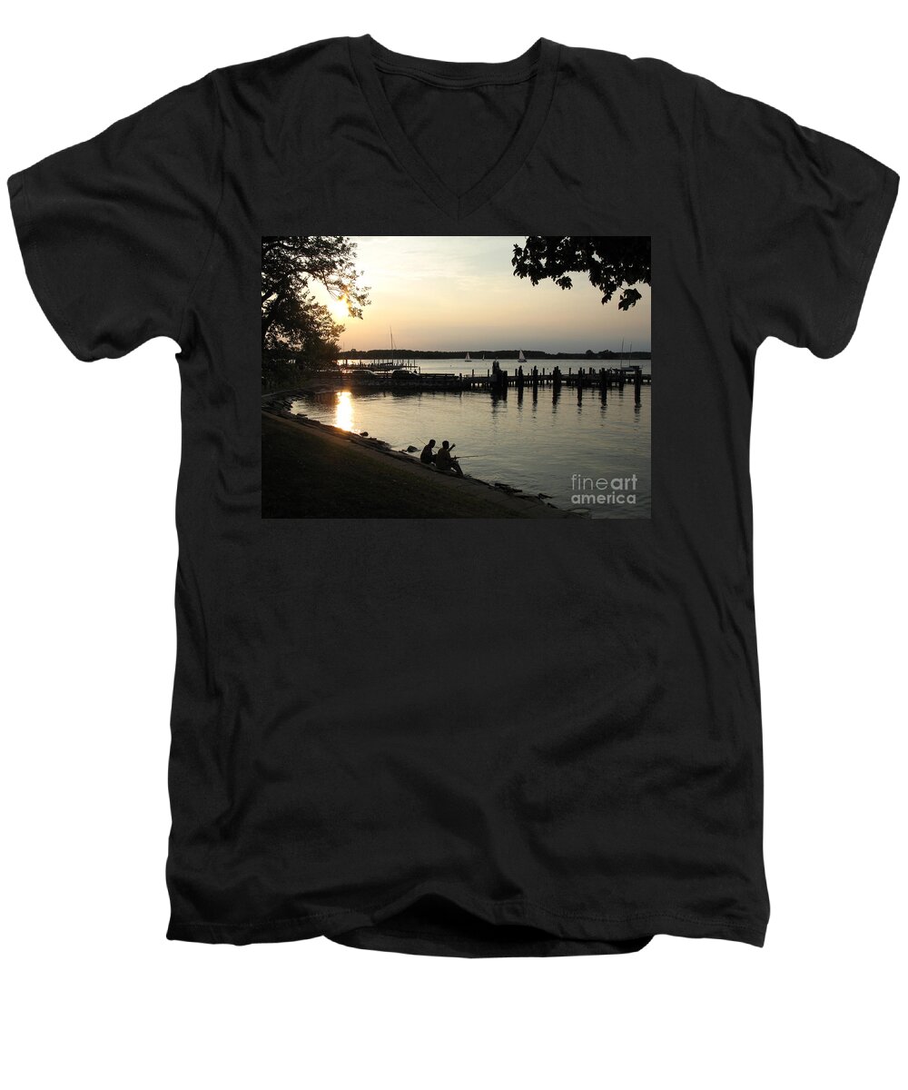 Dusk Men's V-Neck T-Shirt featuring the photograph Fishing the Tred Avon at Twilight in Oxford Maryland by William Kuta