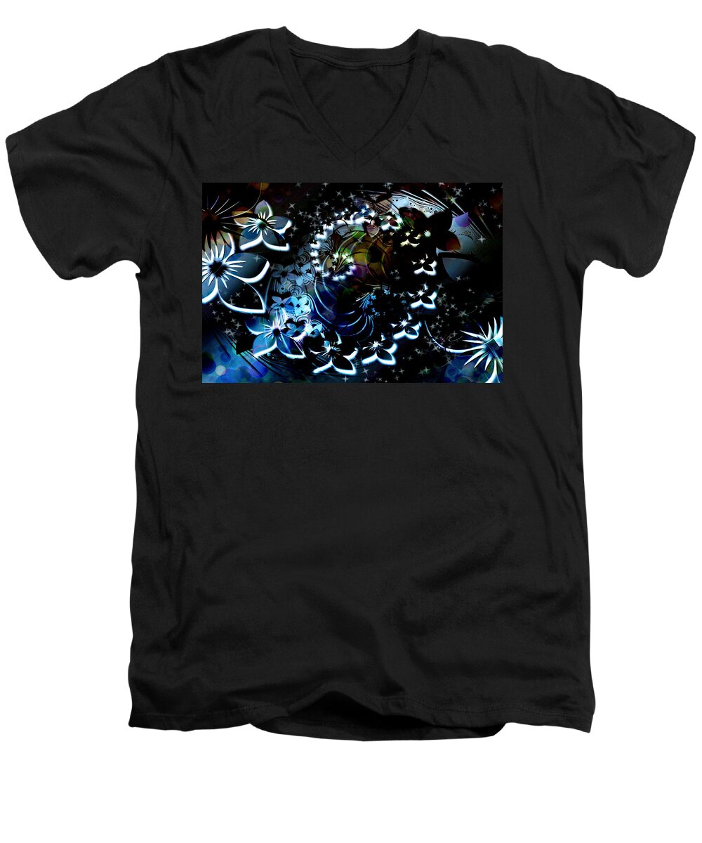 Galaxy Night Sky Heavens Stars Planets Comets Floral Flowers Horizontal Lights Men's V-Neck T-Shirt featuring the digital art Floral Way by Paula Ayers
