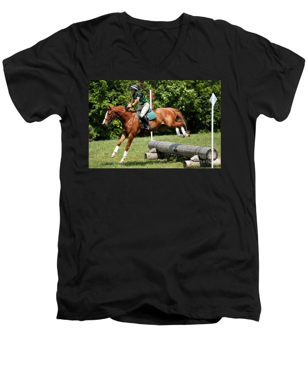 Horse Men's V-Neck T-Shirt featuring the photograph Flying Chestnut by Janice Byer