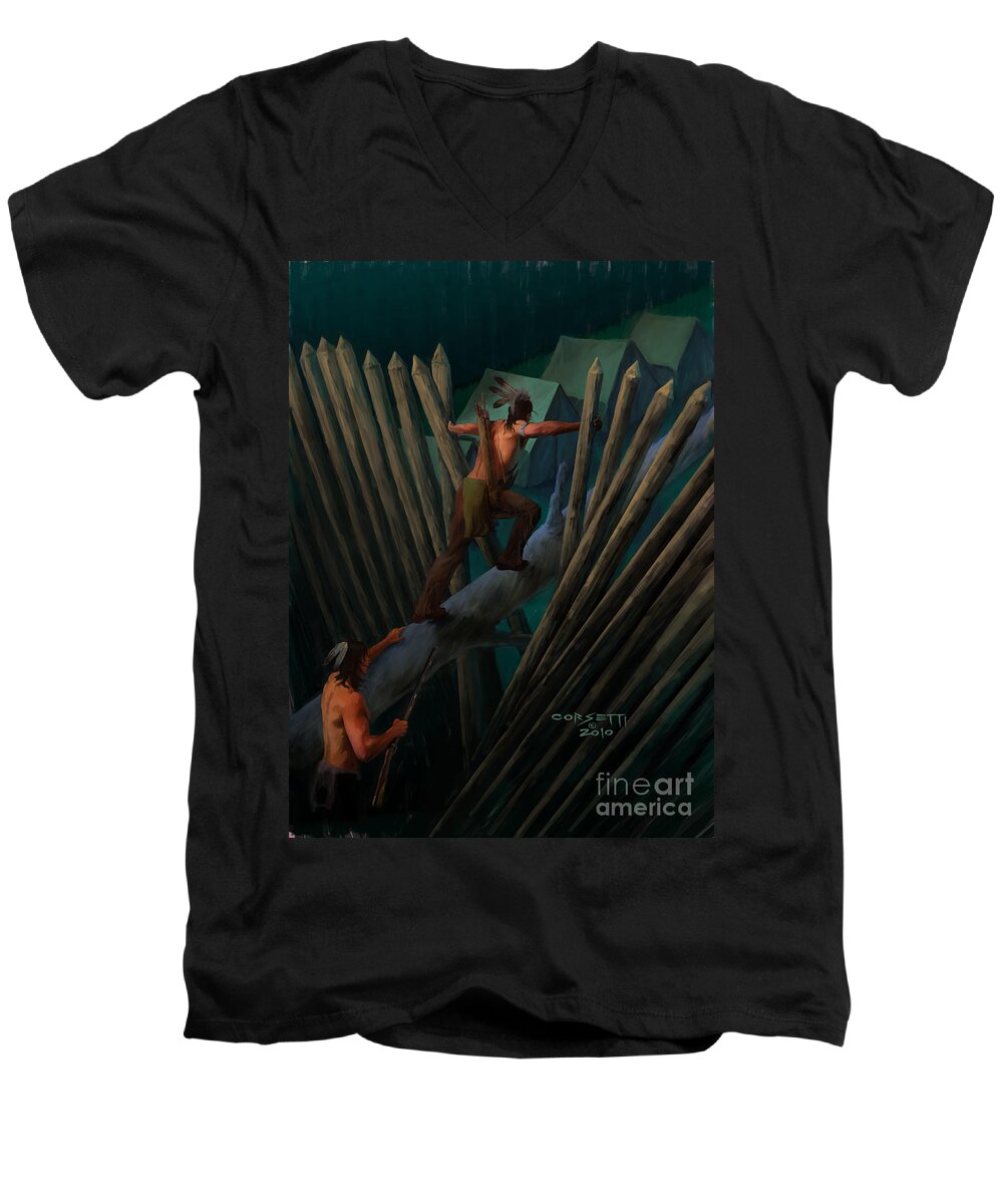  Indian Men's V-Neck T-Shirt featuring the painting Fort Breach by Robert Corsetti