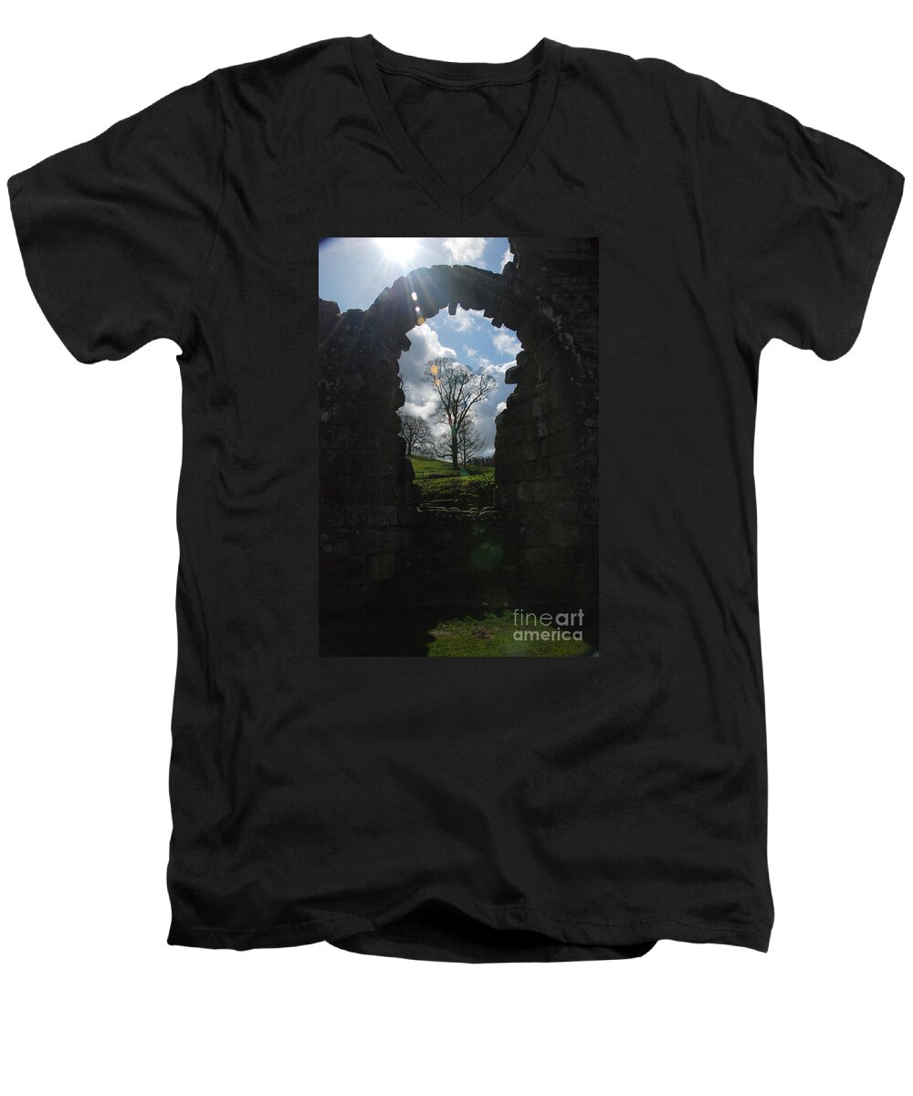Fountains Abbey Yorkshire Uk Stone Wall Window Sun Ray Tree Arch Men's V-Neck T-Shirt featuring the photograph Fountains Abbey by Richard Gibb