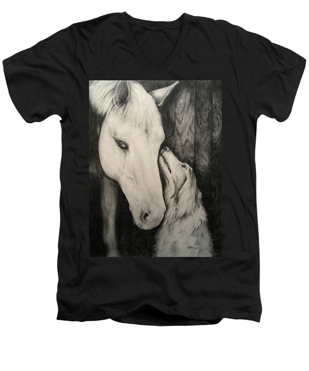 Horse Men's V-Neck T-Shirt featuring the drawing Friends by Catherine Howley