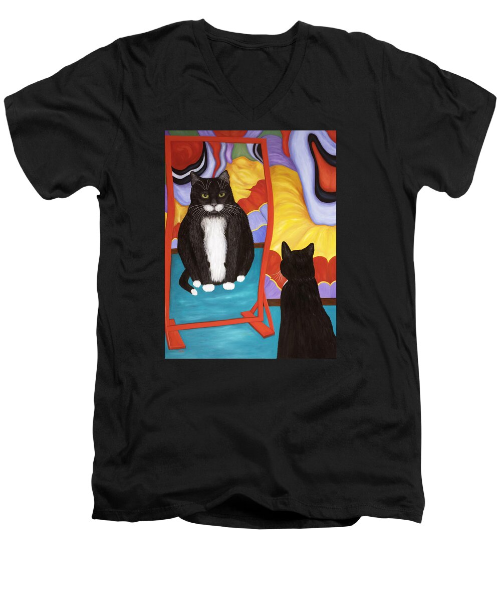 Cat Art Men's V-Neck T-Shirt featuring the painting Fun House Fat Cat by Karen Zuk Rosenblatt