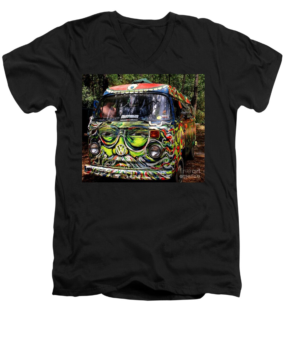 Vw Men's V-Neck T-Shirt featuring the photograph Garcia VW Bus by Angela Murray