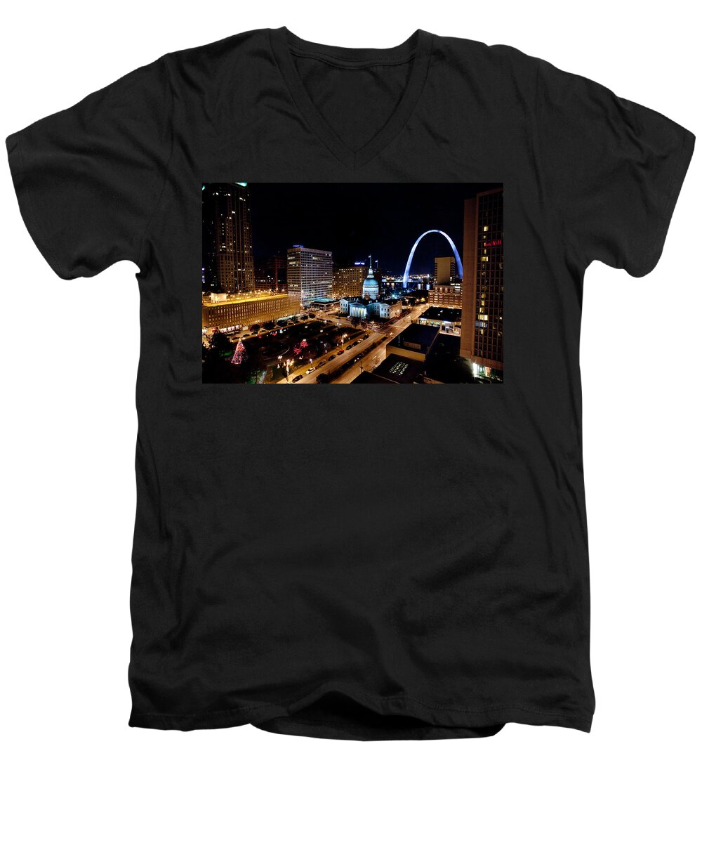 Night Men's V-Neck T-Shirt featuring the photograph Gateway Arch St Louis Night by John Magyar Photography