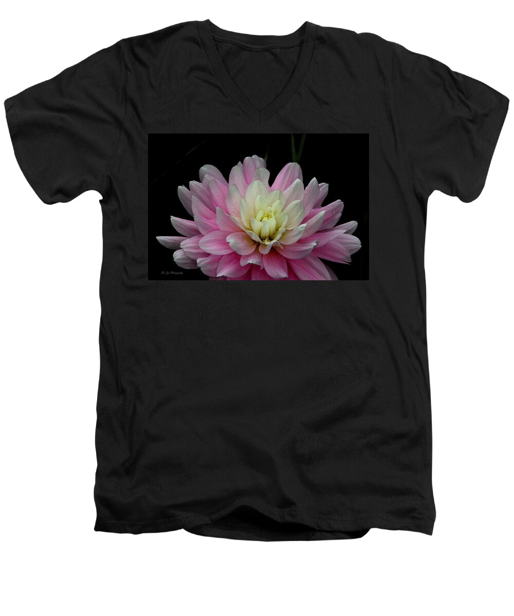 Dahlia Men's V-Neck T-Shirt featuring the photograph Glistening Dahlia Radiance by Jeanette C Landstrom