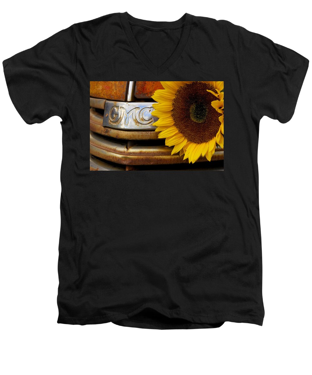Steven Bateson Men's V-Neck T-Shirt featuring the photograph GMC Sunflower by Steven Bateson