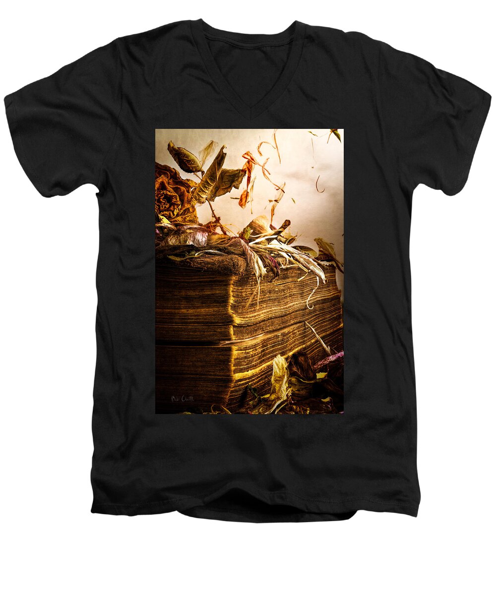 Book Men's V-Neck T-Shirt featuring the photograph Golden Pages Falling Flowers by Bob Orsillo