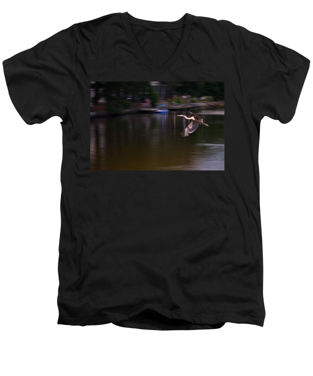 Blue Heron Men's V-Neck T-Shirt featuring the photograph Great Blue Heron in Flight by Kim Bemis