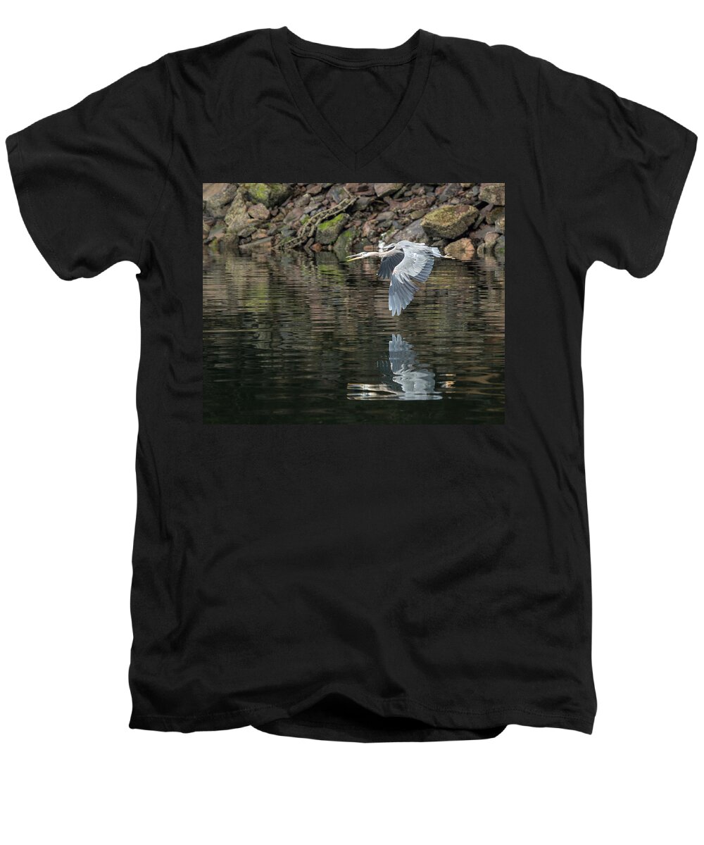 Heron Men's V-Neck T-Shirt featuring the photograph Great Blue Heron Reflections by Jennifer Casey