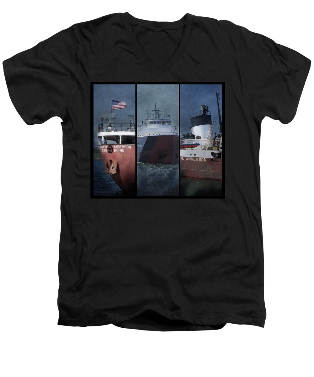 Evie Men's V-Neck T-Shirt featuring the photograph Great Lakes Freighter Triptych Arthur M Anderson by Evie Carrier