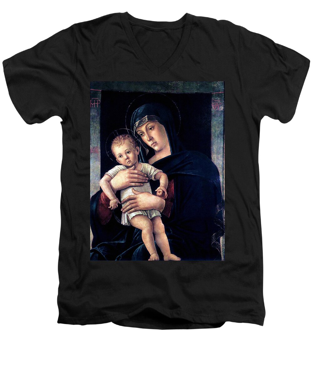 Greek Madonna Men's V-Neck T-Shirt featuring the painting Greek Madonna With Child 1464 Giovanni Bellini by Karon Melillo DeVega