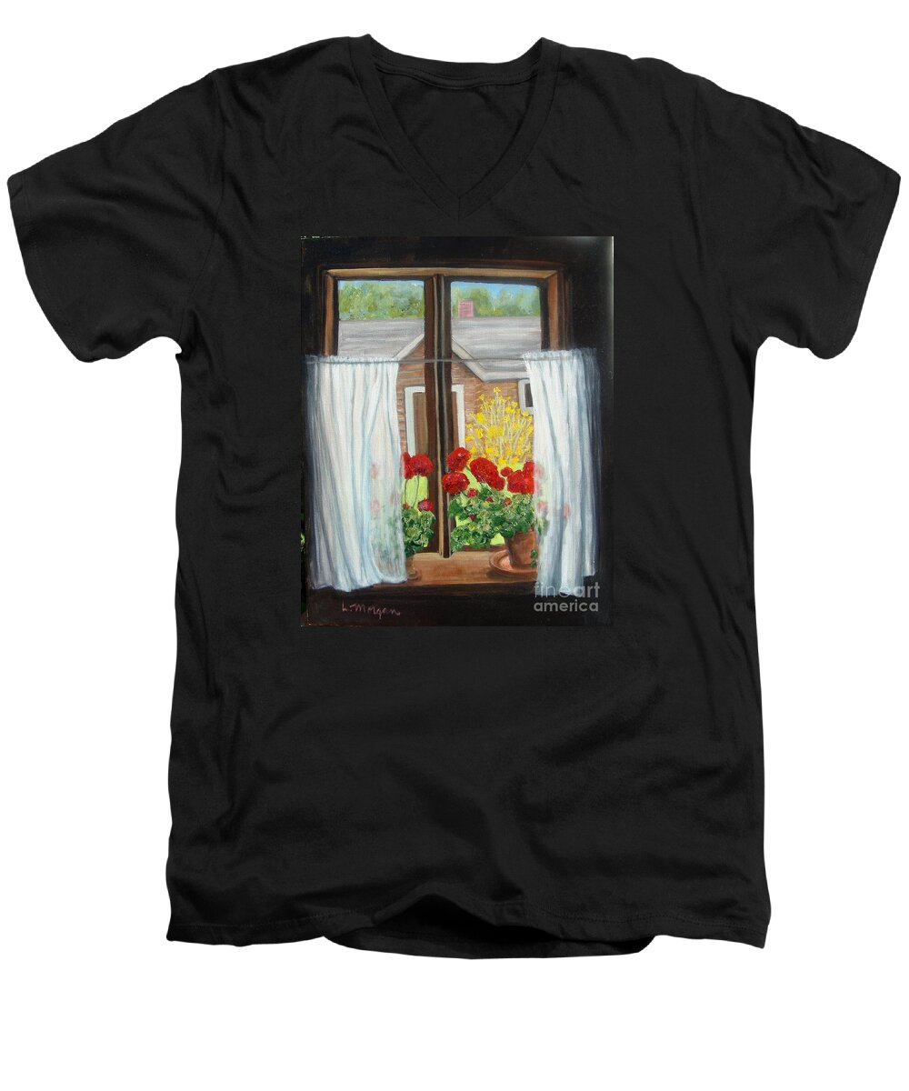 Windows Men's V-Neck T-Shirt featuring the painting Greet the Day by Laurie Morgan