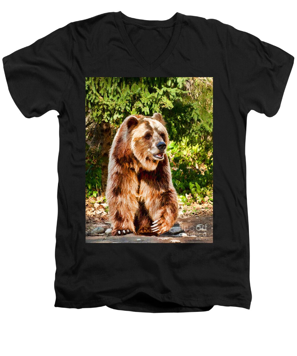 Grizzly Men's V-Neck T-Shirt featuring the photograph Grizzly Bear - painterly by Les Palenik