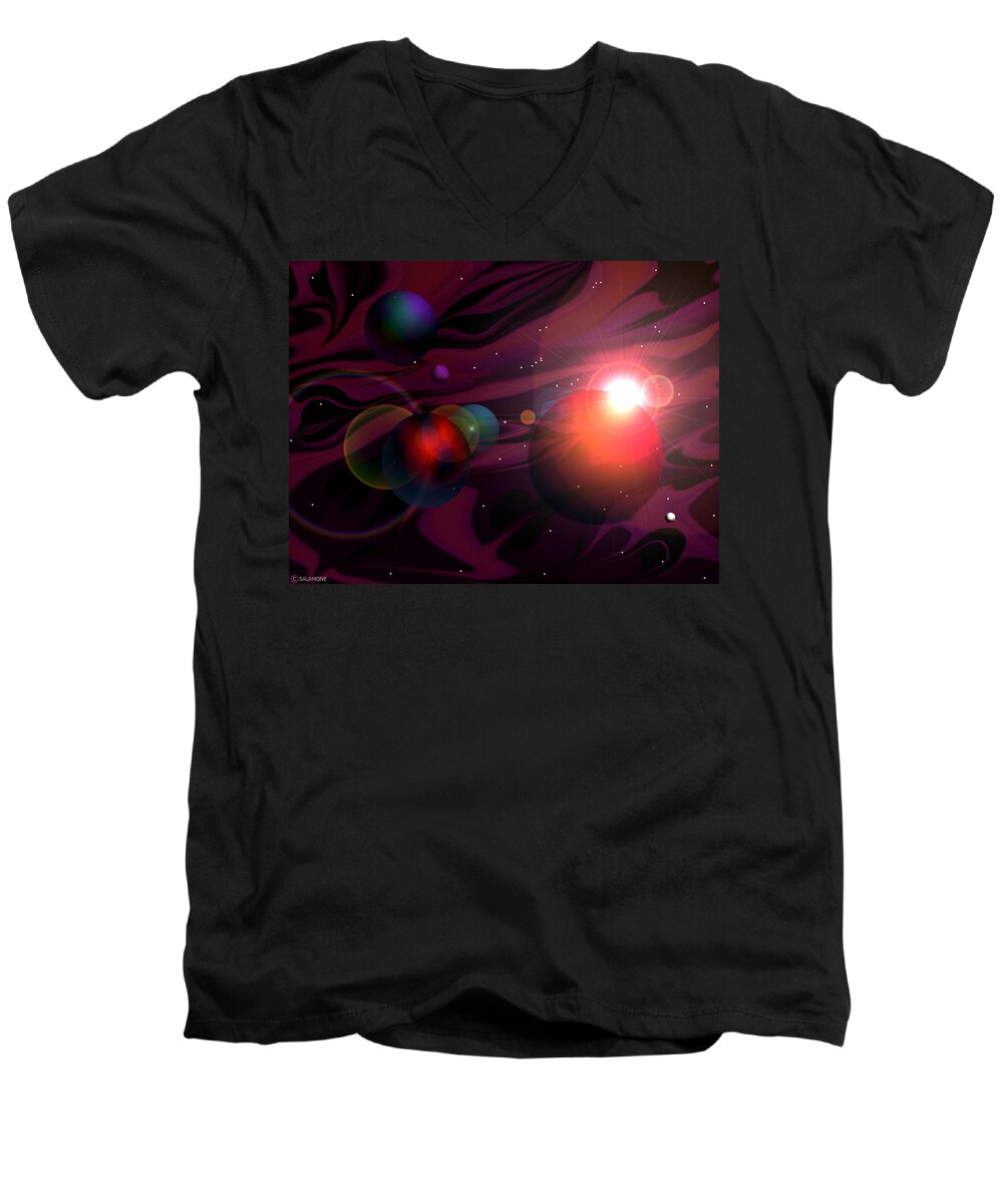 Universe Space Planets Groovy Colors Solar Men's V-Neck T-Shirt featuring the digital art Groovy by Brenda Salamone