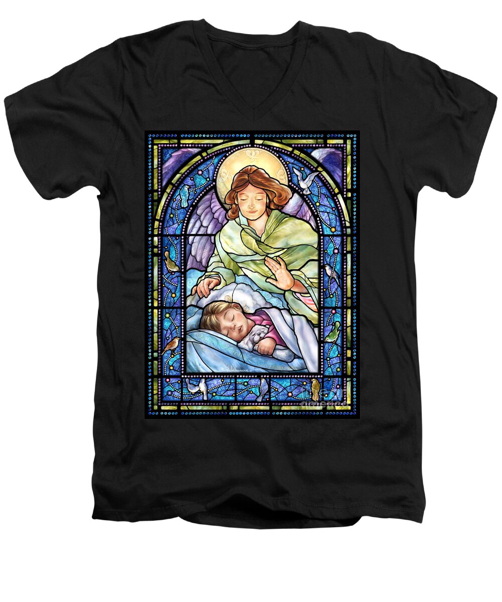 Stained Men's V-Neck T-Shirt featuring the digital art Guardian Angel With Sleeping Girl by Randy Wollenmann