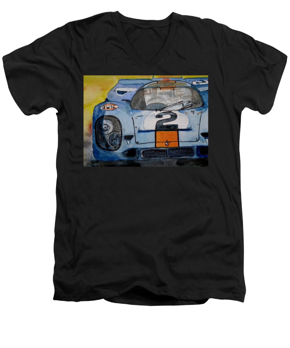 Transportation Men's V-Neck T-Shirt featuring the painting Gulf Porsche by Anna Ruzsan