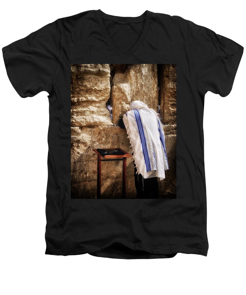 Israel Men's V-Neck T-Shirt featuring the photograph Harken Unto My Prayer O Lord Western Wall Jerusalem by Mark Fuller
