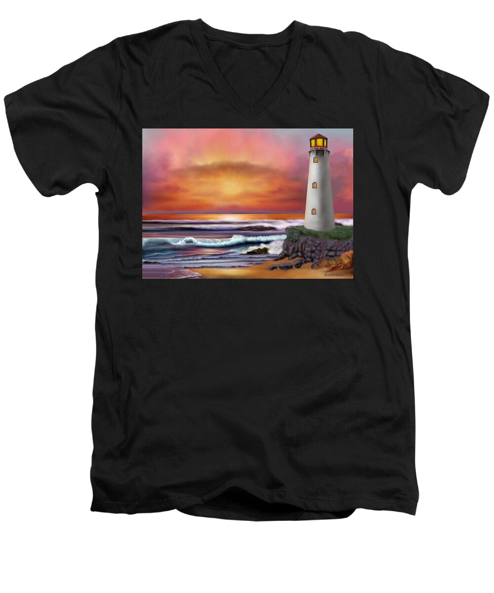 Hawaii Men's V-Neck T-Shirt featuring the digital art Hawaiian Sunset Lighthouse by Glenn Holbrook