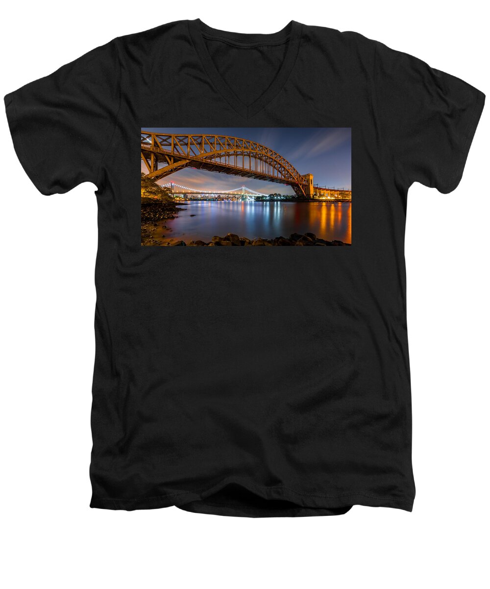 Hell Gate Men's V-Neck T-Shirt featuring the photograph Hell Gate and Triboro bridge by night by Mihai Andritoiu