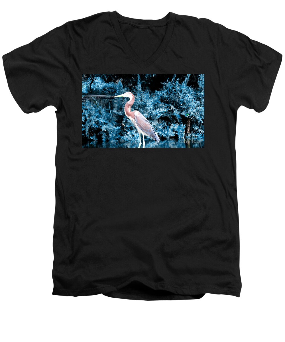 Nature Men's V-Neck T-Shirt featuring the photograph Heron in Blue by Oksana Semenchenko