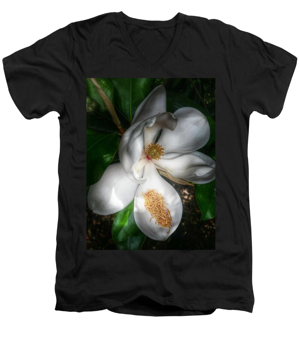 Magnolias Men's V-Neck T-Shirt featuring the photograph Hidden Beauty by John Duplantis