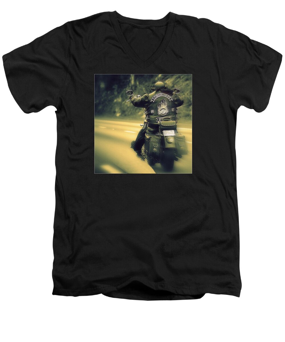 Photo Of A Motorcycle Men's V-Neck T-Shirt featuring the photograph Motorcycle Rider by Marysue Ryan