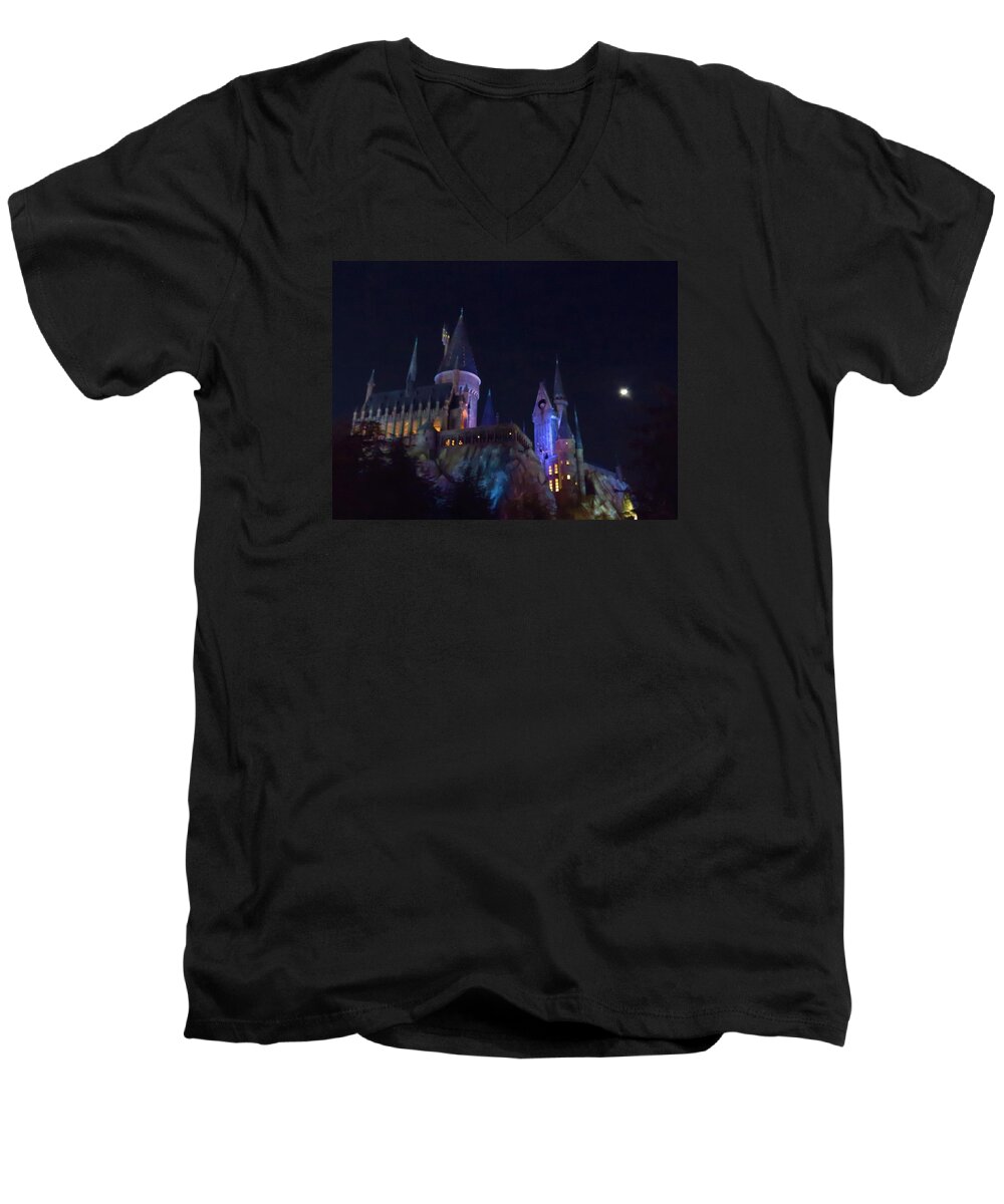 Kathy Long Men's V-Neck T-Shirt featuring the photograph Hogwarts Castle at Night by Kathy Long