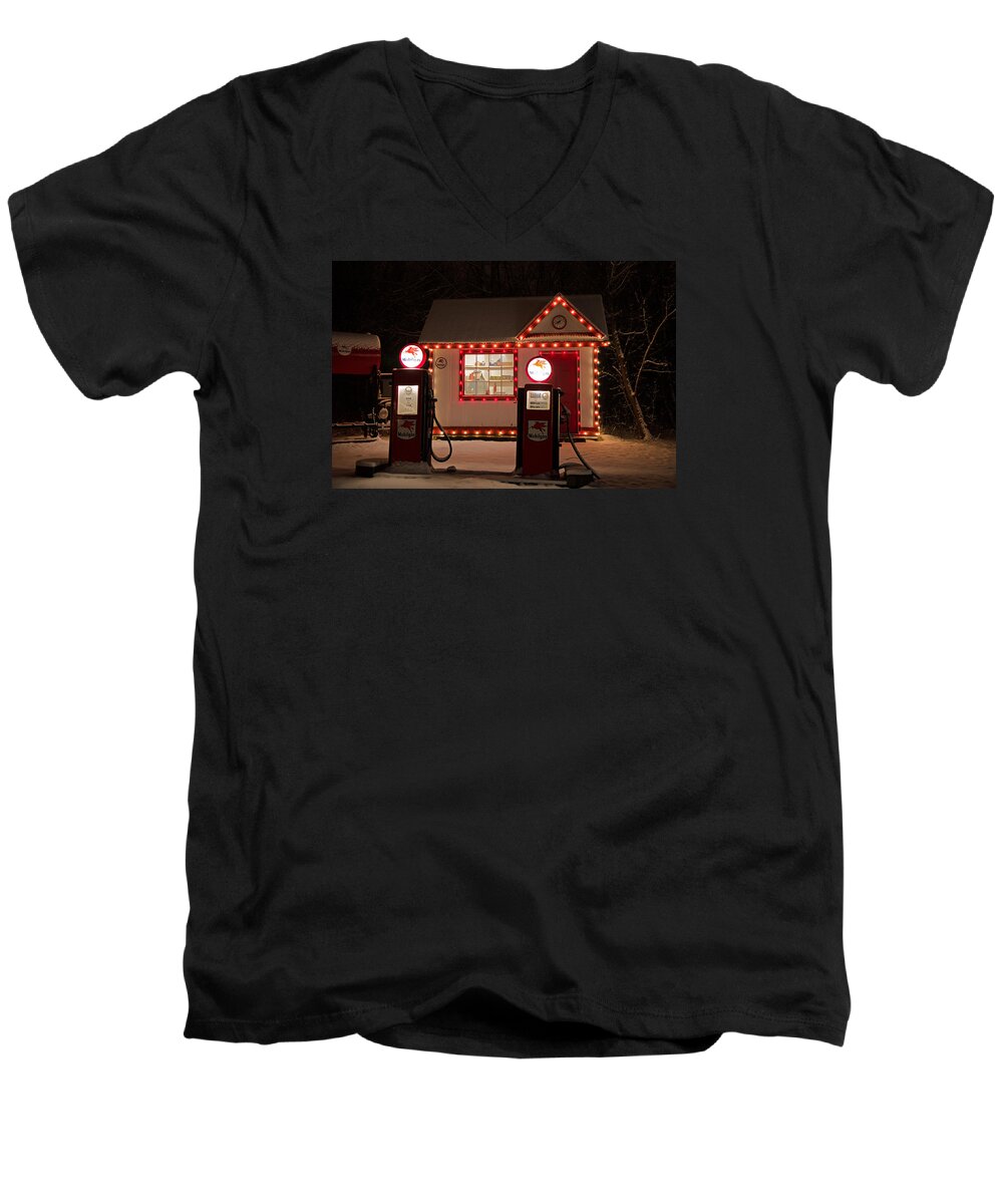 Holiday Men's V-Neck T-Shirt featuring the photograph Holiday Service Station by Susan McMenamin