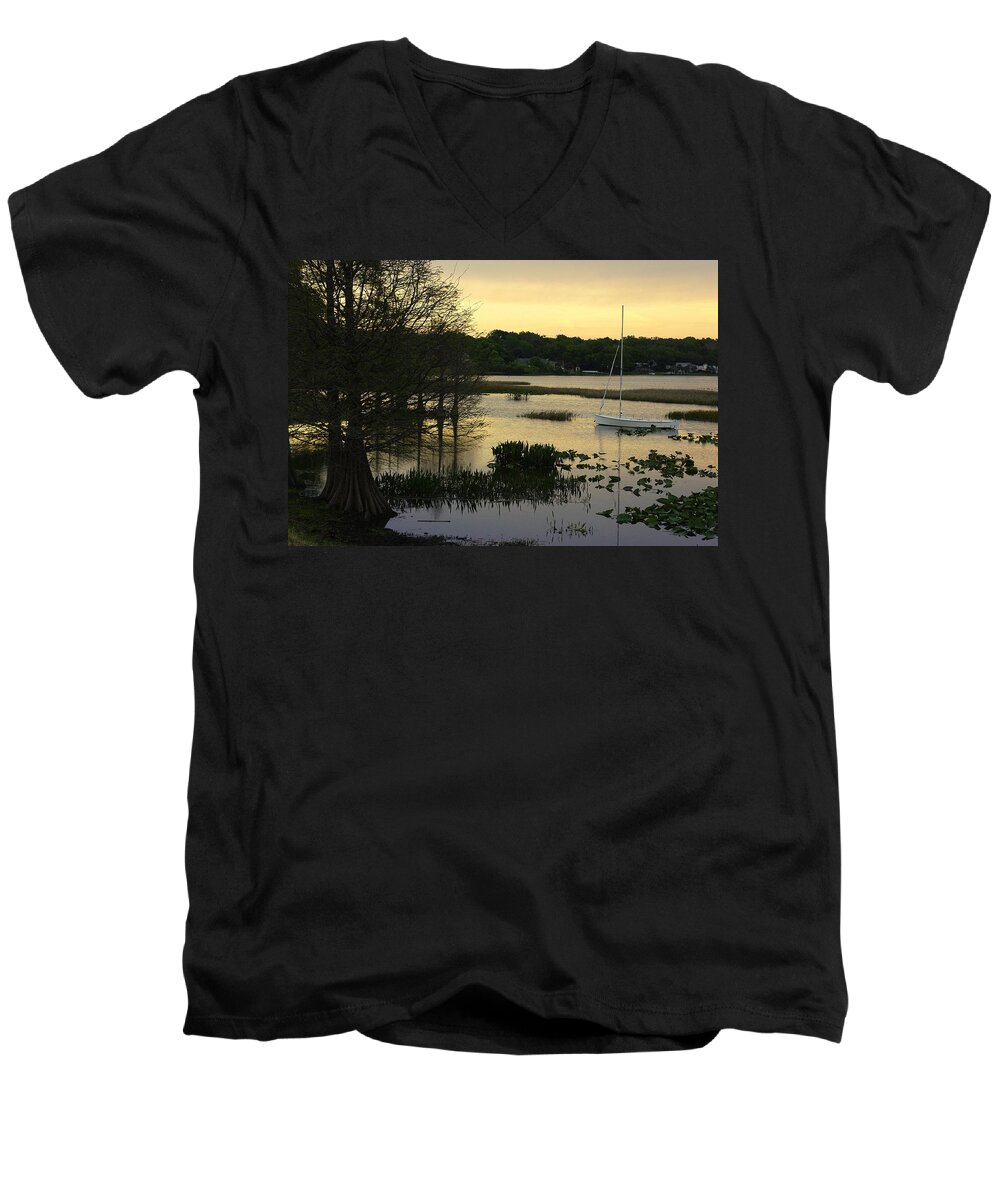 Sailboat Men's V-Neck T-Shirt featuring the photograph Hollingsworth Sunset by Laurie Perry