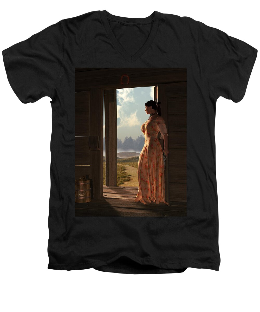 Widows Threshold Men's V-Neck T-Shirt featuring the digital art Homestead Woman by Daniel Eskridge