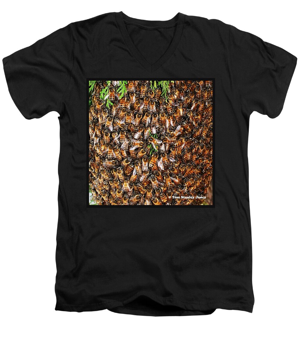 Honey Bee Swarm Men's V-Neck T-Shirt featuring the photograph Honey Bee Swarm by Tom Janca