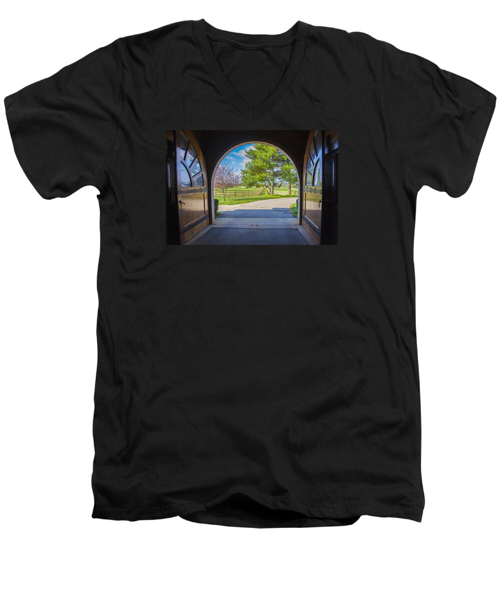Animal Men's V-Neck T-Shirt featuring the photograph Horse barn by Jack R Perry