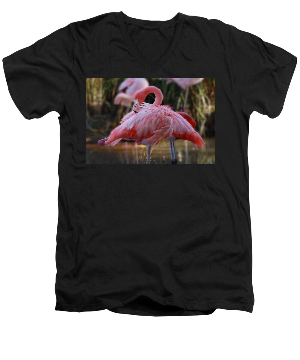 Flamingo Men's V-Neck T-Shirt featuring the photograph face mask Hot Pink by Patricia Dennis