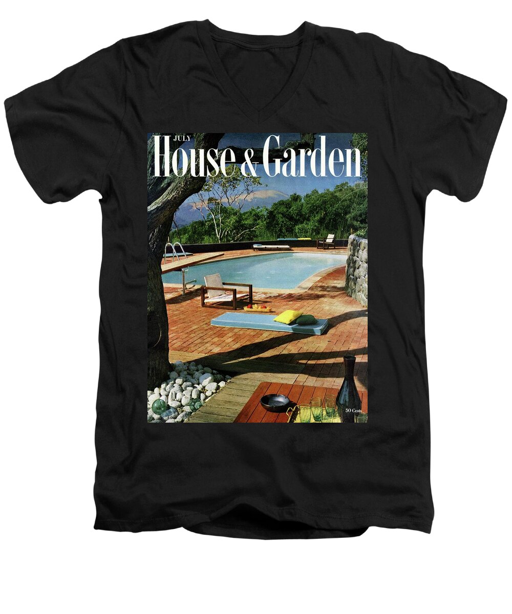 Educationlandscapehouse And Gardenmagazinecoverillustrationnobodyswimming Poolchairfurnituretablesan Raphaelcaliforniausanorth Americanorth American Pacific Coastpacific Statesdeck Chairoutdoor Furniturepatiotreebowlsummerseasons #condenasthouse&gardencover July 1st 1957 Men's V-Neck T-Shirt featuring the photograph House And Garden Cover Featuring A Terrace by Georges Braun