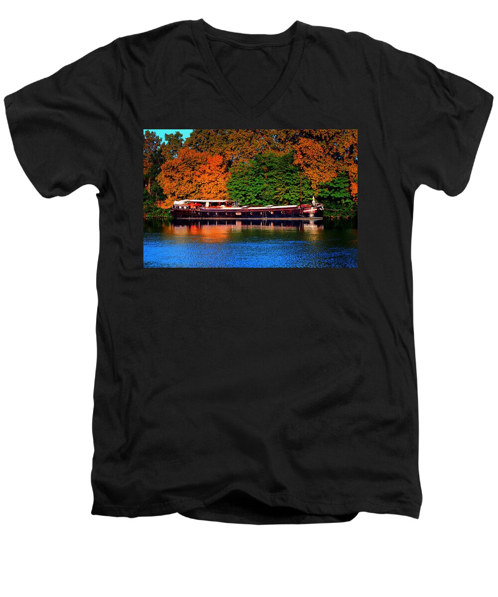 Europe Men's V-Neck T-Shirt featuring the photograph House Boat river barge in France by Tom Prendergast
