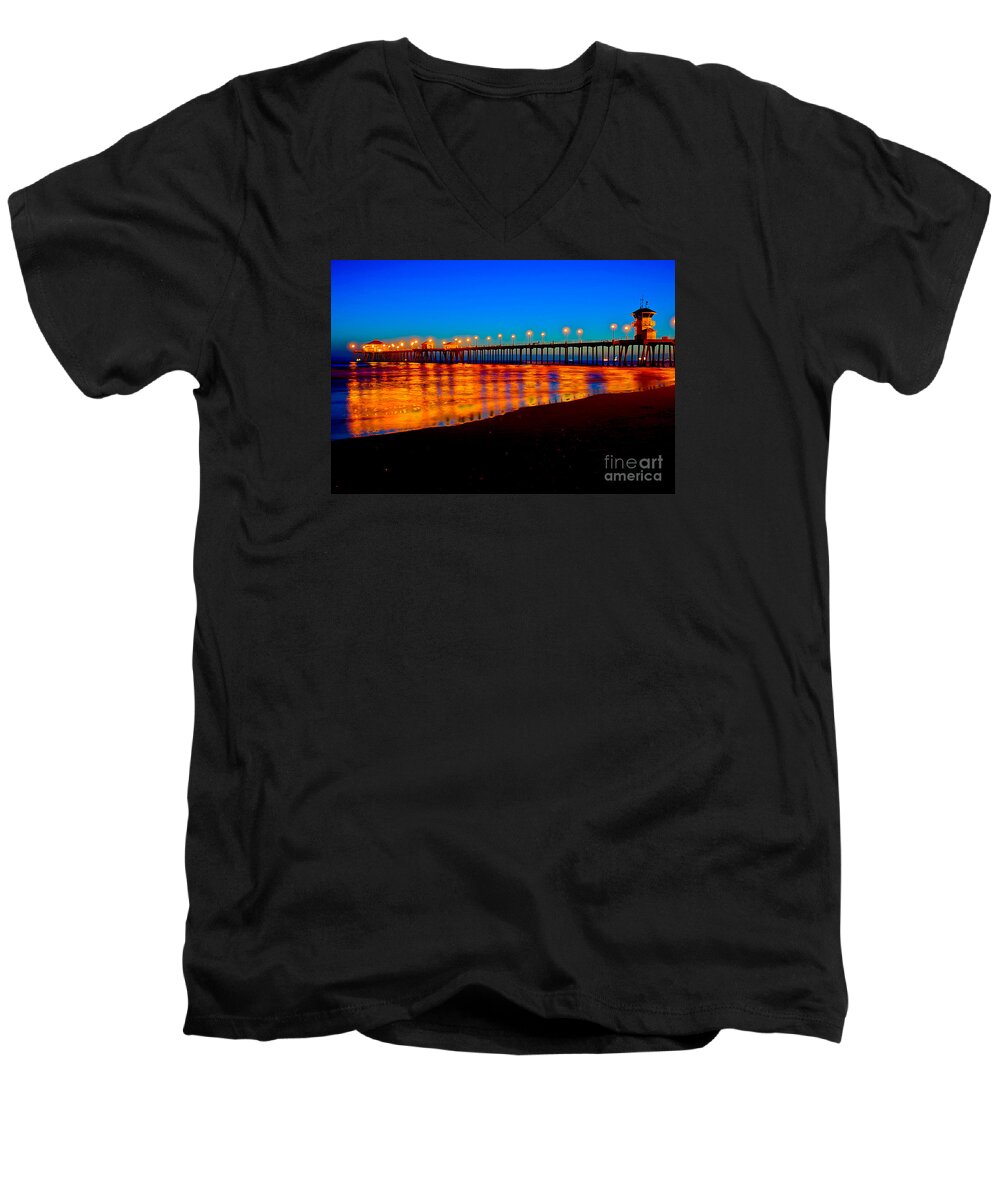 Huntington Beach Pier Men's V-Neck T-Shirt featuring the photograph Huntington Beach Pier - Nightside by Jim Carrell