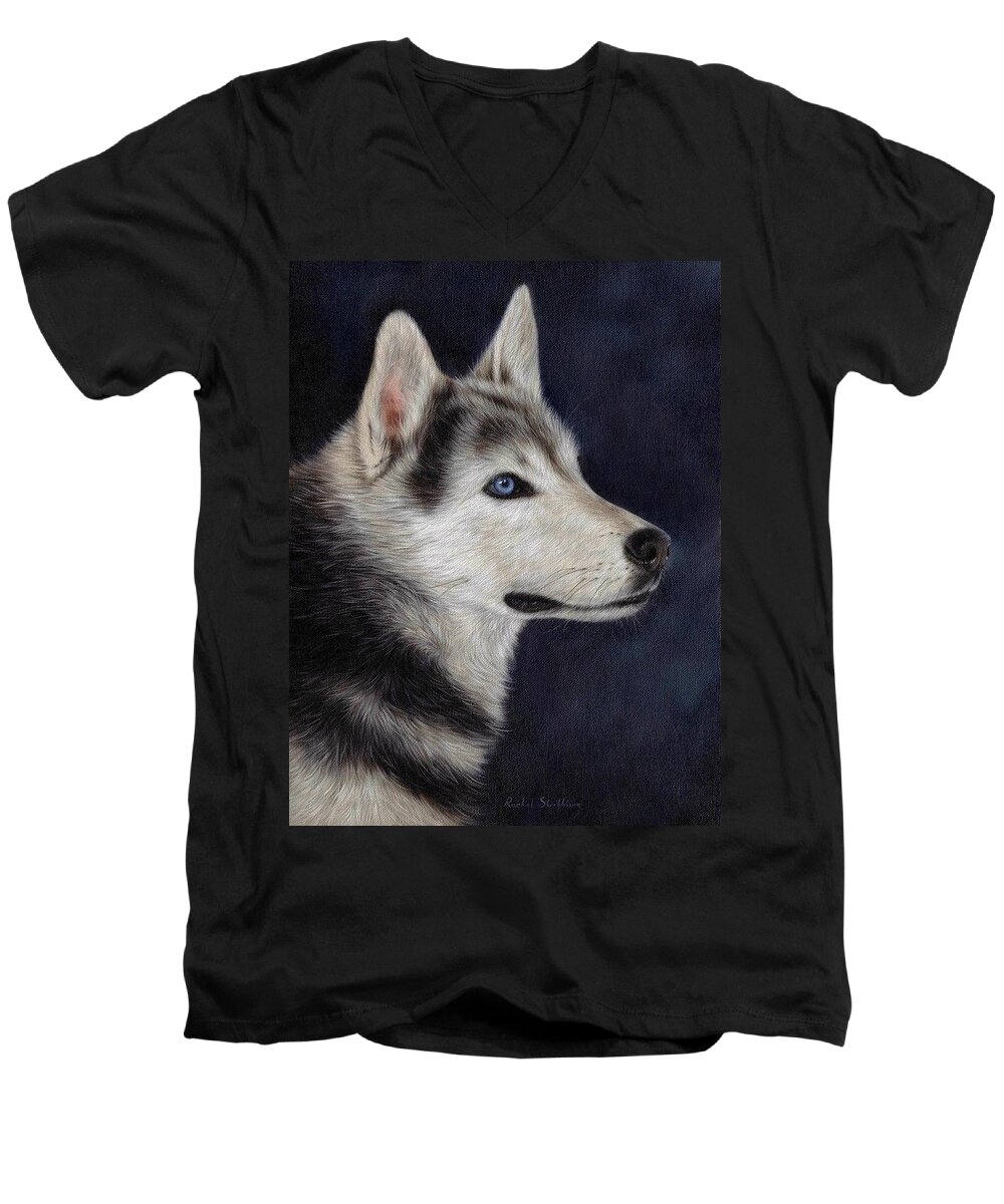 Husky Men's V-Neck T-Shirt featuring the painting Husky Portrait Painting by Rachel Stribbling
