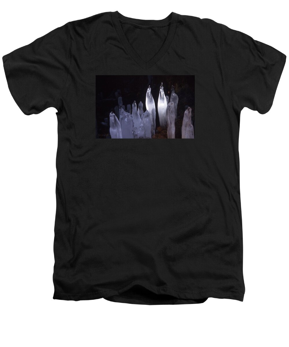 Icicles Cave Winter Nature Simple Zen Colorado Rocky Mountains Winter Men's V-Neck T-Shirt featuring the photograph Icicles in a cave by George Tuffy