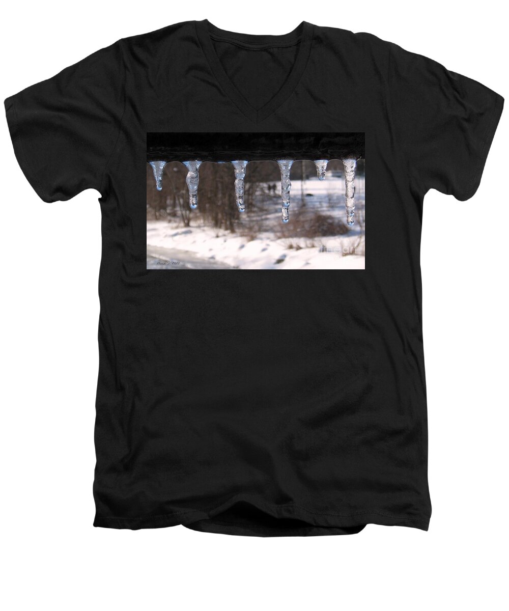 Icicles Men's V-Neck T-Shirt featuring the photograph Icicles on the bridge by Nina Silver