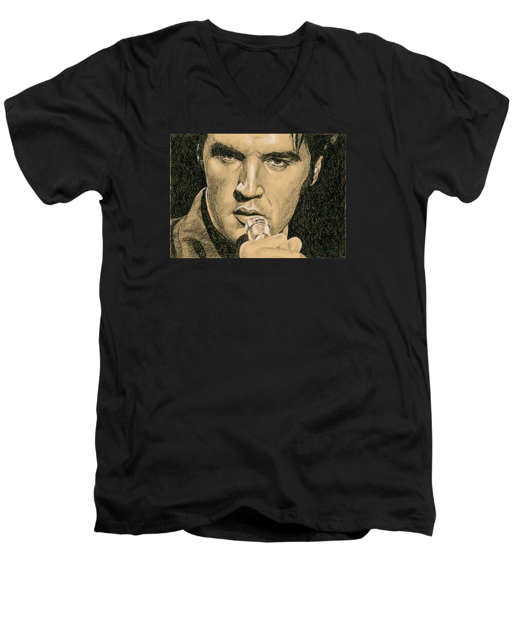 Elvis Men's V-Neck T-Shirt featuring the drawing If you're looking for Trouble by Rob De Vries