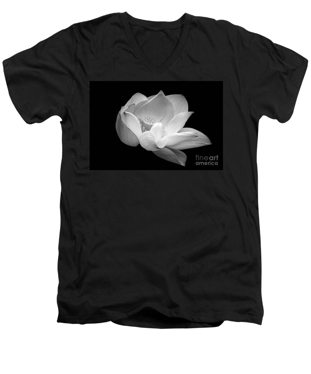 Indian Lotus Men's V-Neck T-Shirt featuring the photograph Indian Sacred Lotus in Black and White by Byron Varvarigos