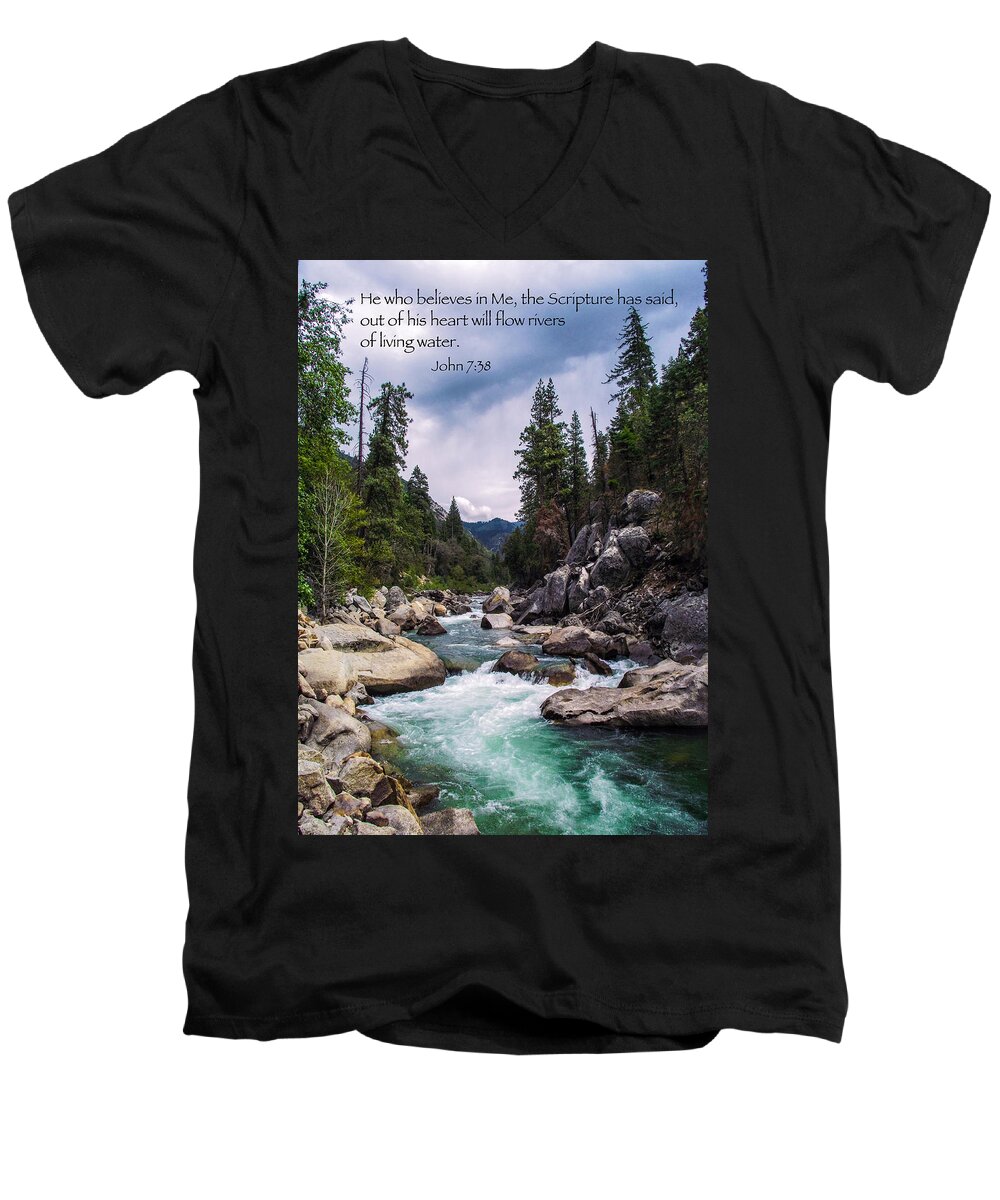 Flowing River Men's V-Neck T-Shirt featuring the photograph Inspirational Bible Scripture Emerald Flowing River Fine Art Original Photography by Jerry Cowart