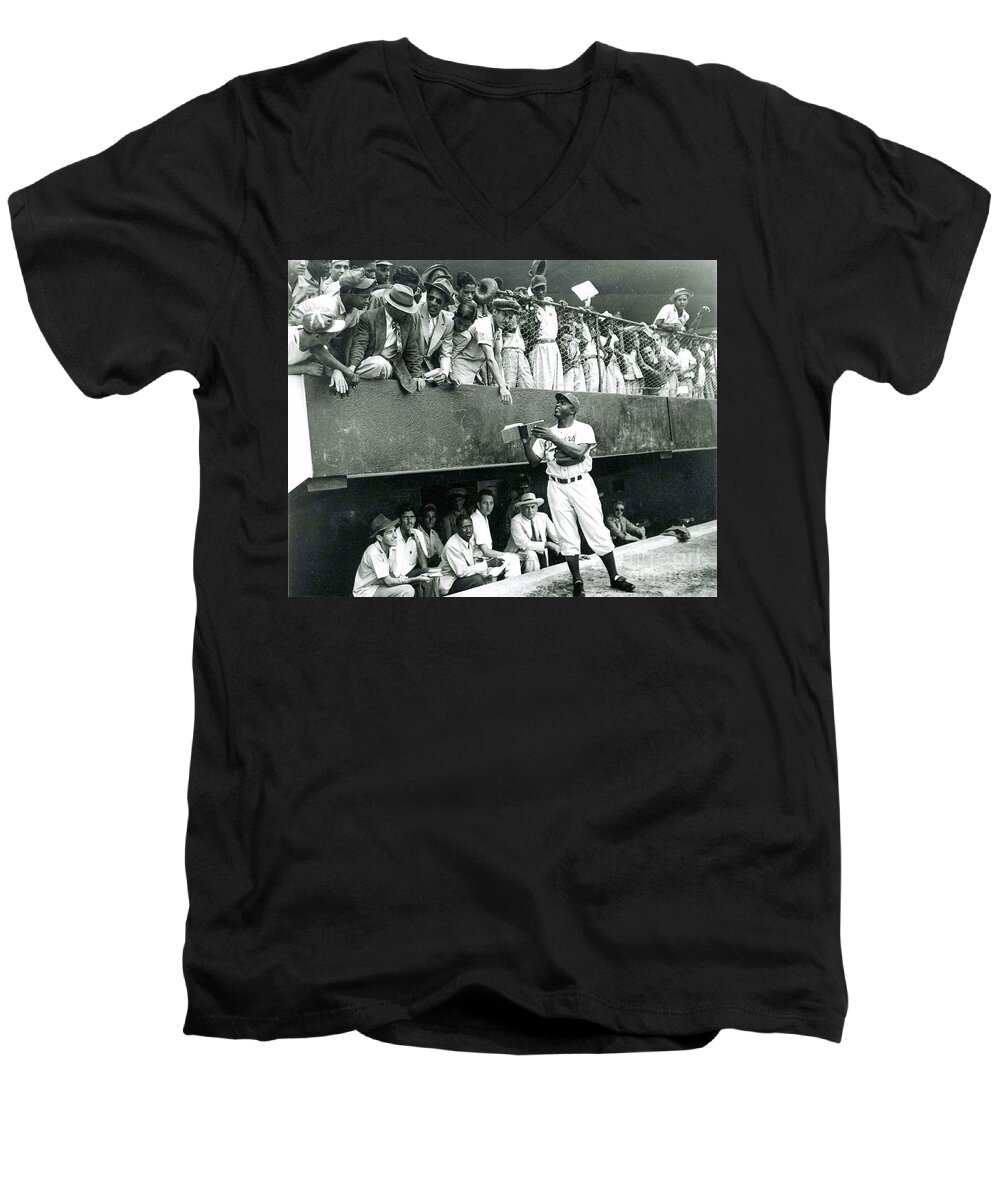 Jackie Robinson Men's V-Neck T-Shirt featuring the photograph Jackie Robinson signs autographs vintage baseball by Vintage Collectables
