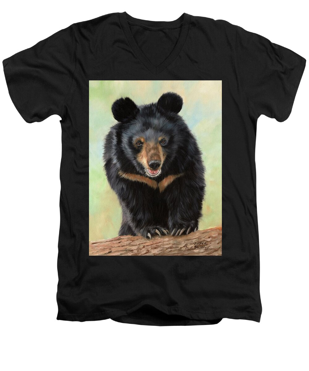 Moon Bear Men's V-Neck T-Shirt featuring the painting Jasper Moon Bear - In support of Animals Asia by Rachel Stribbling
